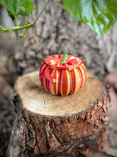 Load image into Gallery viewer, Decorative pumpkin on a wooden stump with leaves in the background